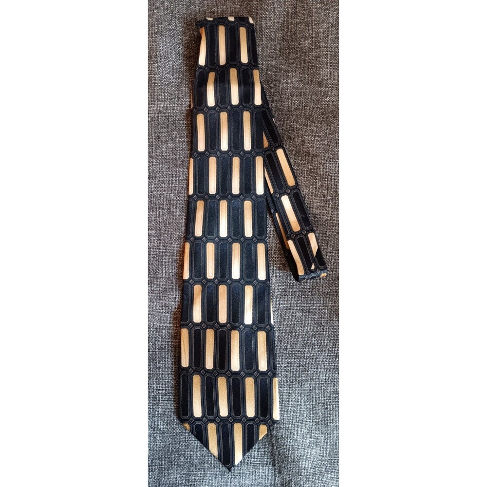 Tie 70s 80s 90s Y2K Mens Bergamo New York Black And Gold 3.75 Wide